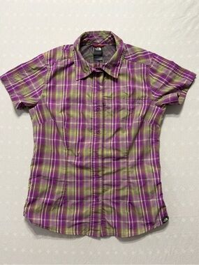 The North Face Purple and Green Plaid Short Sleeve Button-Front Shirt